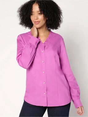 NWOT Denim & co Women's Pink with pearl Button-Front Blouse Smocked V-Neck xl